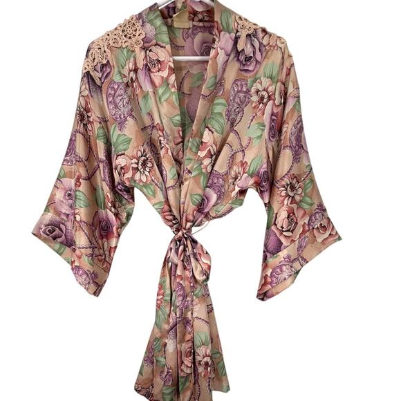 Vintage Other - Vintage 90's Satin Floral Short Robe Kimono Lace Cottage Core Feminine Boho S